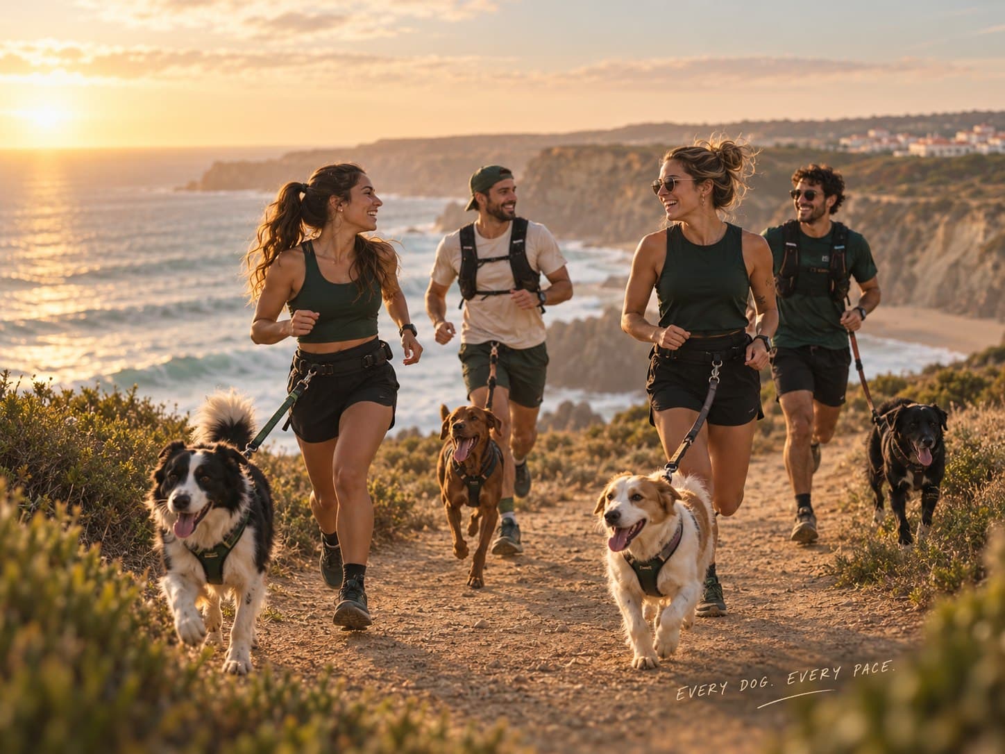 Grupo a correr com cães ao pôr do sol numa arriba costeira